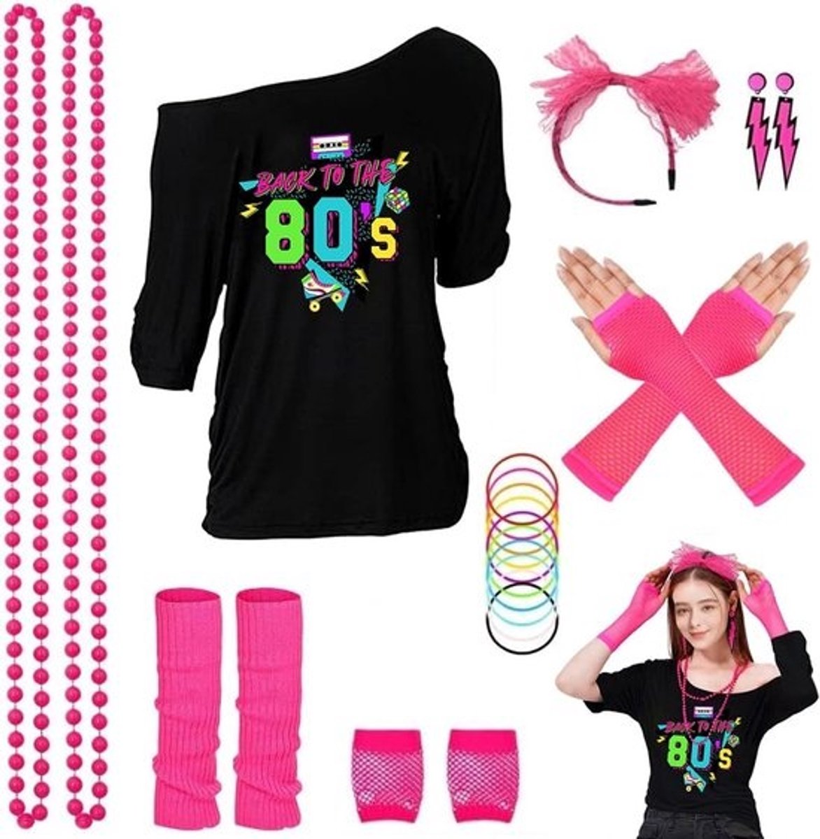 Jaren 80 en 90 damesoutfit - T-shirt, hoofdband, oorringen, halsketting, nethandschoenen, armband en beenwarmers voor feestjes