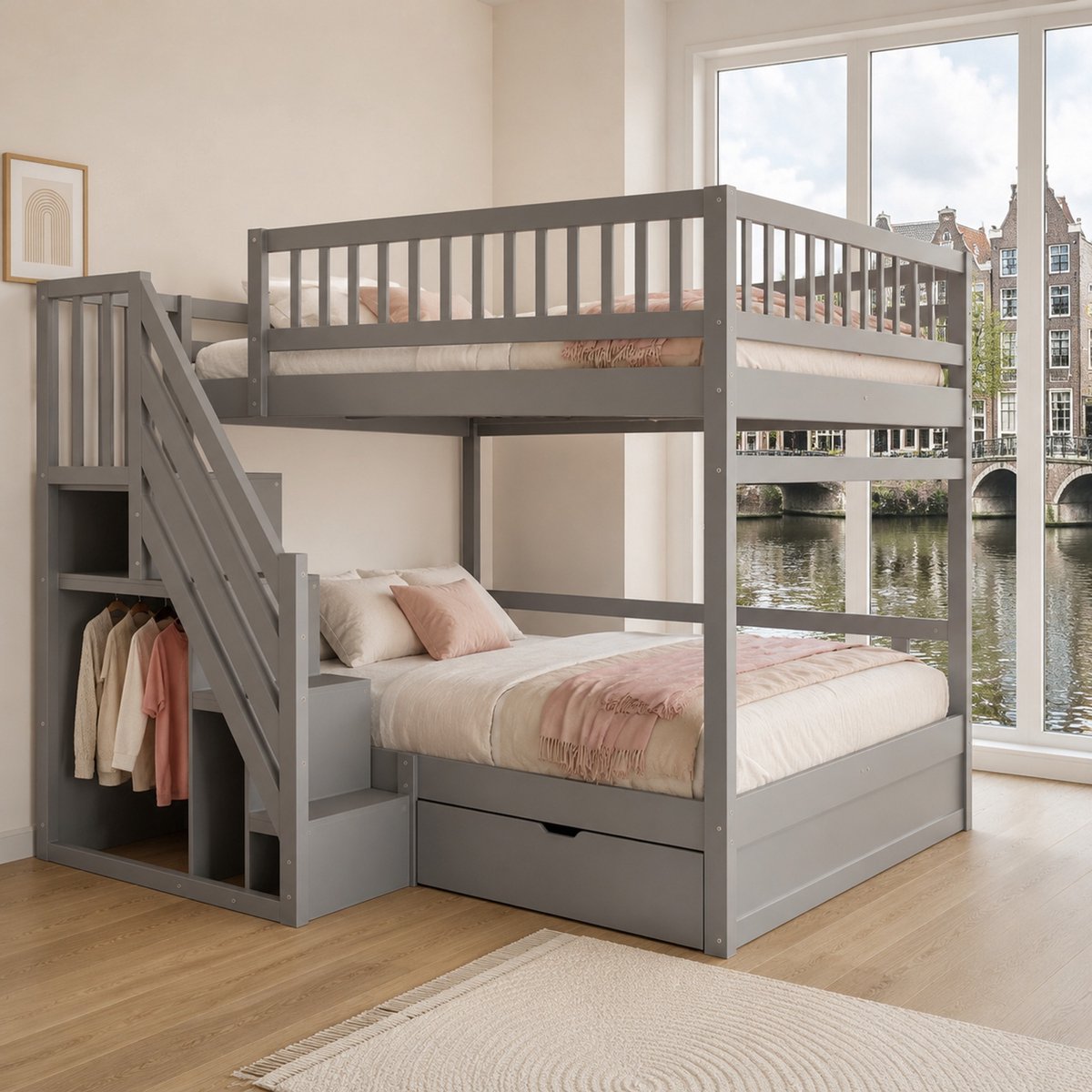 WUVRIE Stapelbed 140x200 cm met opbergladder, bedlade, lattenbodems en hoge hekjes, grijs