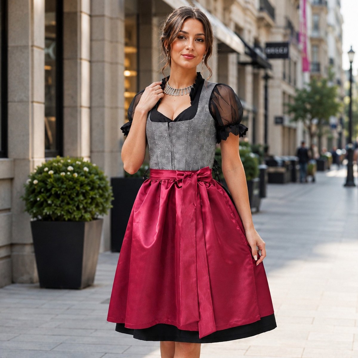 Harmony 2-delige Dirndl (jurk + schort) in Bordeaux met zwarte strepen