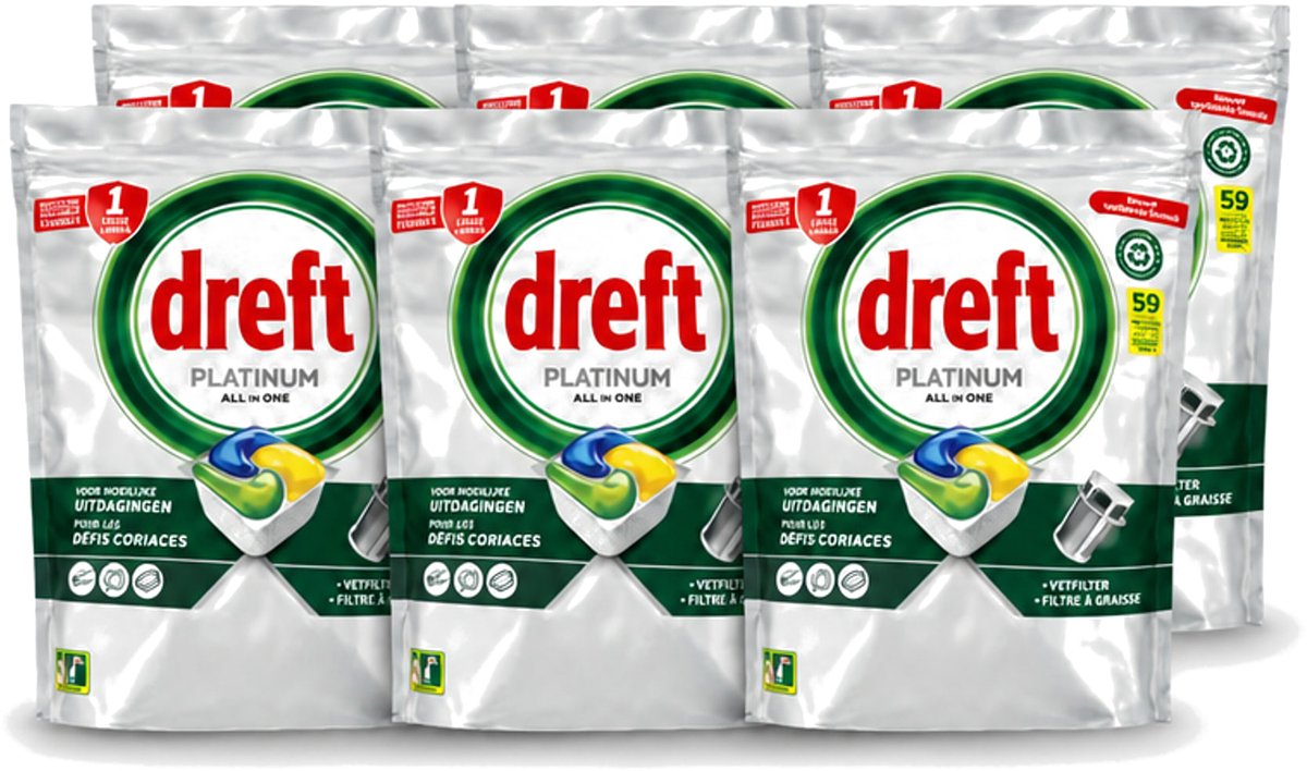 6 x Dreft – Vaatwastabletten – All-in-One Platinum – Lemon – 59 Tabletten - Voordeelverpakking - 6 stuks