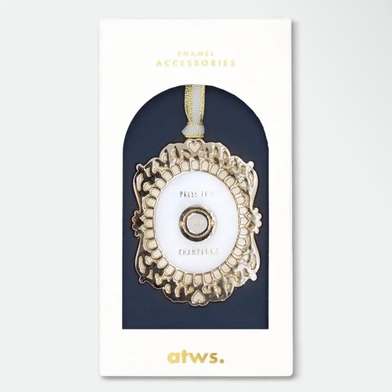ATWS - Kersthanger - “Press Here for CHAMPAGNE”- Emaille - 70x53mm - All The Ways To Say - Design - Kerstboom