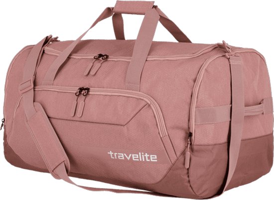 Roze Travelite reistas met twee handvatten, een afneembare schouderband en drie ritsvakken.