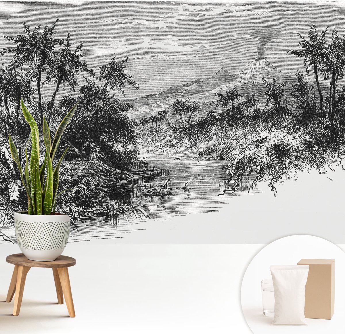 Wallfluent Fotobehang - Zwart-Wit Vliesbehang - 208x146 cm - Exotisch Panorama Fotobehang Vlies - Hal behang Landschappen - Muurschildering - Hal behang