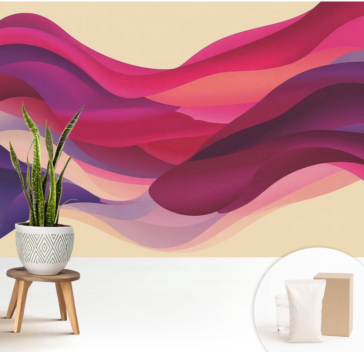 Wallfluent Fotobehang - Roze Vliesbehang - 208x146 cm - Vloeibare Golven Fotobehang Vlies - Woonkamer behang Abstractie - Muurschildering - Woonkamer behang