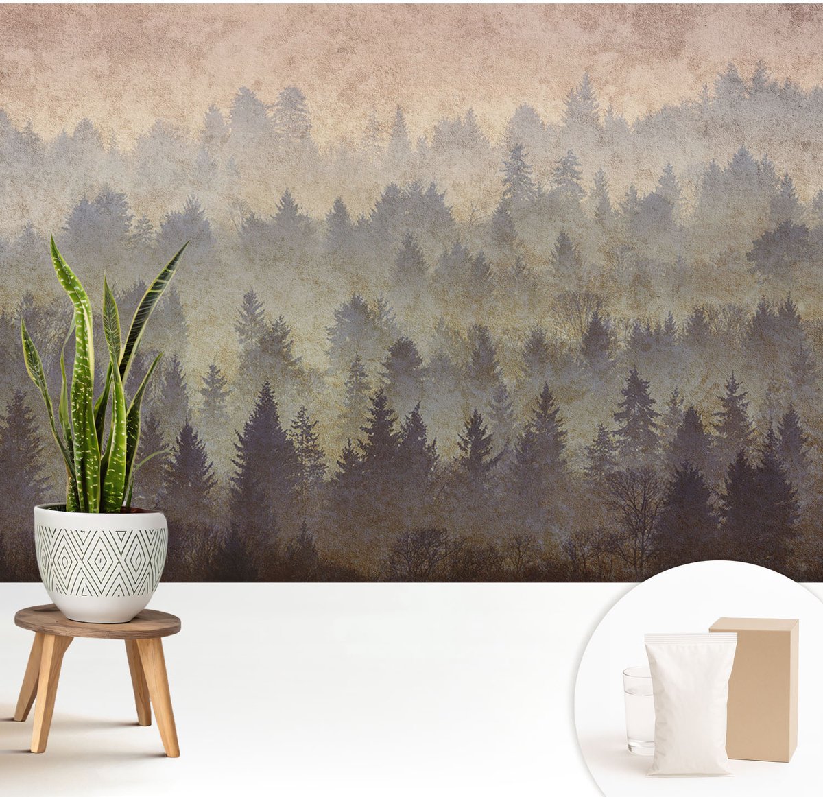 Wallfluent Fotobehang - Grijs Vliesbehang - 208x146 cm - Bosmist Muurschildering - Gang behang Landschappen - Fotobehang Vlies - Slaapkamer behang