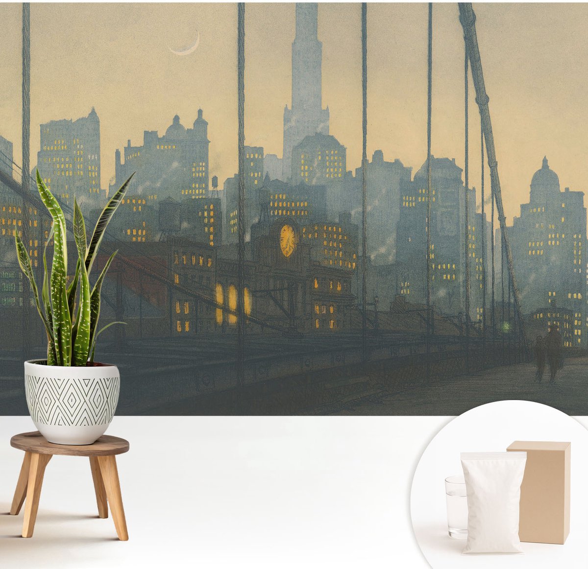 Wallfluent Fotobehang - Grijs Vliesbehang - 208x146 cm - Avondpanorama Muurschildering - Gang behang Steden - Fotobehang Vlies - Gang behang