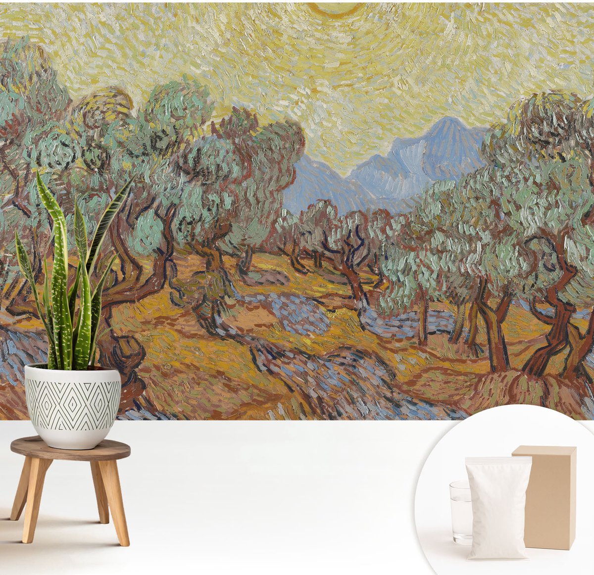 Wallfluent Fotobehang - Geel Vliesbehang - 208x146 cm - Olijfbomen Muurschildering - Gang behang Bloemen En Planten - Fotobehang Vlies - Slaapkamer behang
