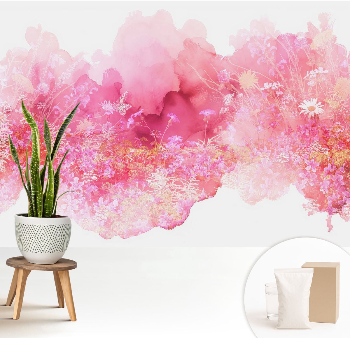 Wallfluent Fotobehang - Roze Vliesbehang - 208x146 cm - Bloemenpatroon Fotobehang Vlies - Hal behang Bloemen En Planten - Muurschildering - Hal behang