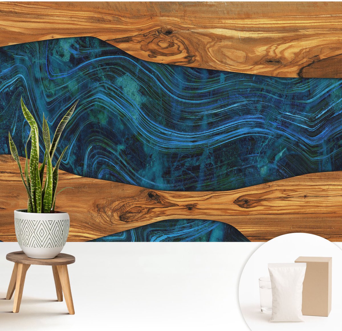 Wallfluent Fotobehang - Bruin Vliesbehang - 208x146 cm - Blauw Hout Fotobehang Vlies - Woonkamer behang Texturen - Muurschildering - Woonkamer behang