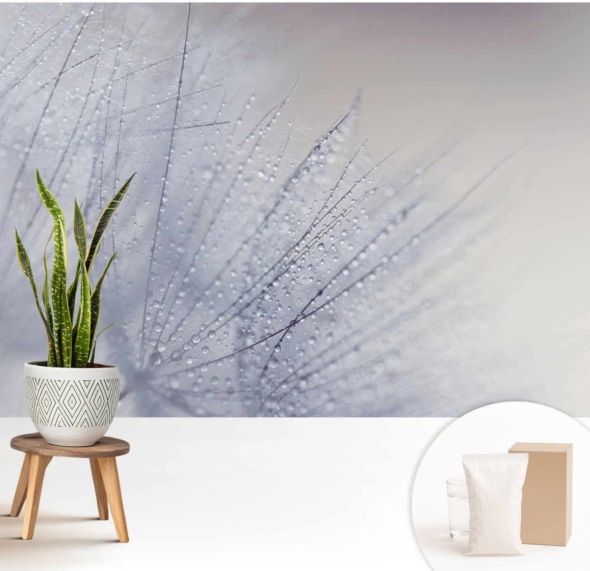 Wallfluent Fotobehang - Wit Vliesbehang - 208x146 cm - Dauwige Paardenbloem Muurschildering - Slaapkamer behang Bloemen En Planten - Fotobehang Vlies - Slaapkamer behang