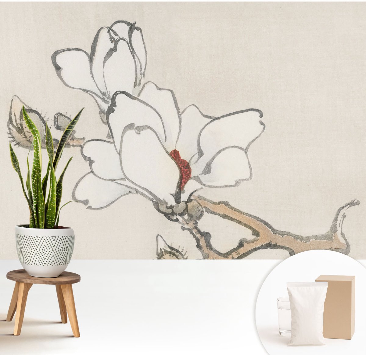 Wallfluent Fotobehang - Wit Vliesbehang - 208x146 cm - Delicate Magnolia'S Muurschildering - Slaapkamer behang Bloemen En Planten - Fotobehang Vlies - Gang behang