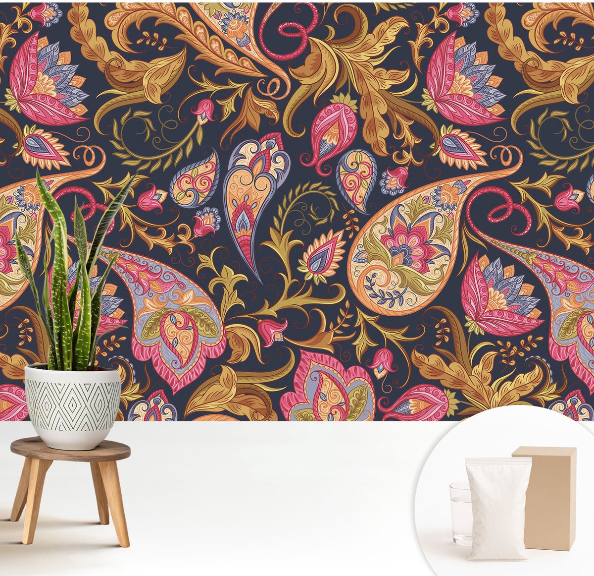 Wallfluent Fotobehang - Marine Vliesbehang - 208x146 cm - Kleurrijk Paisley-Patroon Muurschildering - Gang behang Achtergronden En Patronen - Fotobehang Vlies - Slaapkamer behang
