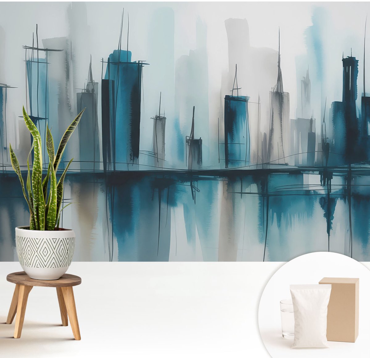 Wallfluent Fotobehang - Blauw Vliesbehang - 208x146 cm - Stadslandschappen Fotobehang Vlies - Woonkamer behang Steden - Muurschildering - Woonkamer behang