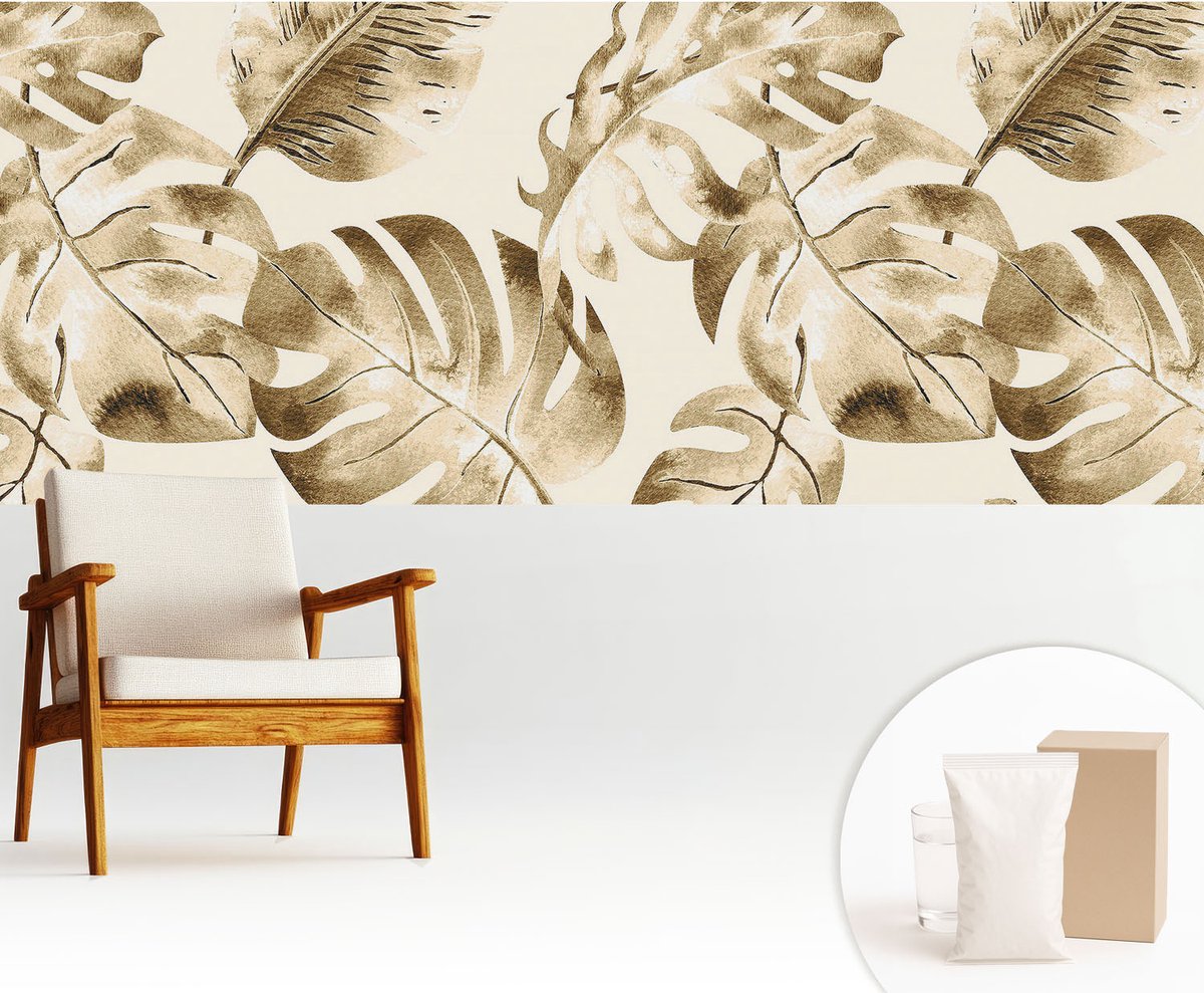 Wallfluent Fotobehang - Beige Vliesbehang - 250x104 cm - Exotische Flora Fotobehang Vlies - Hal behang Bloemen En Planten - Muurschildering - Woonkamer behang