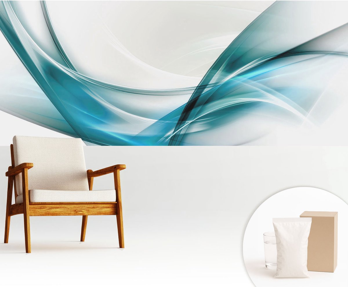 Wallfluent Fotobehang - Wit Vliesbehang - 250x104 cm - Blauwe Golven Fotobehang Vlies - Woonkamer behang Abstractie - Muurschildering - Woonkamer behang