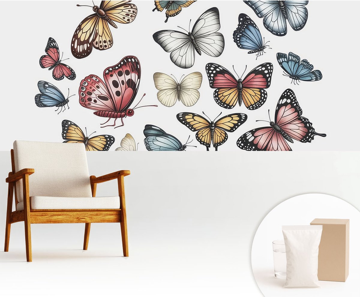 Wallfluent Fotobehang - Wit Vliesbehang - 250x104 cm - Paradijsvlinders Fotobehang Vlies - Hal behang Dieren - Muurschildering - Hal behang