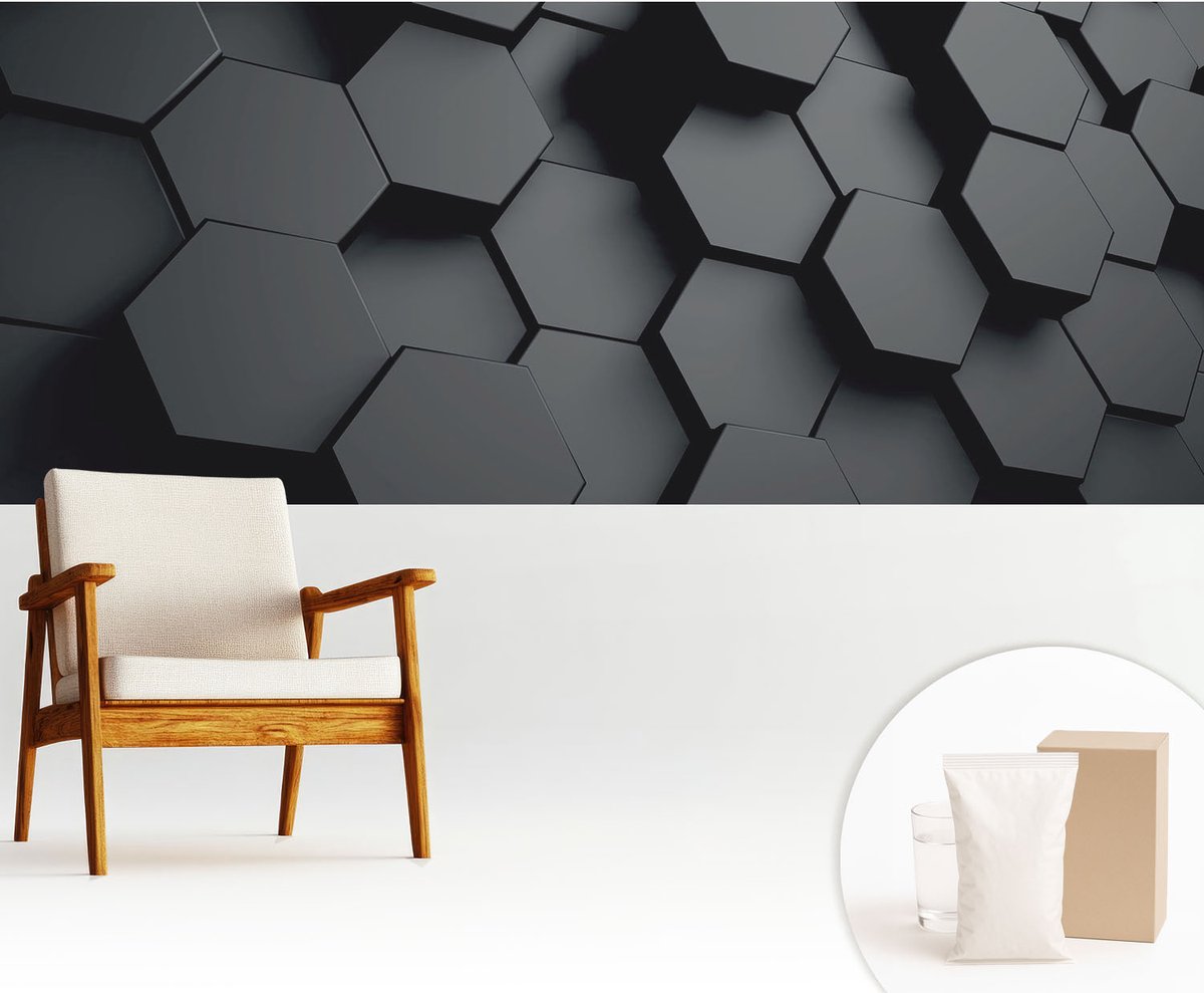 Wallfluent Fotobehang - Zwart Vliesbehang - 250x104 cm - 3D-Zeshoeken Muurschildering - Slaapkamer behang Geometrie - Fotobehang Vlies - Slaapkamer behang