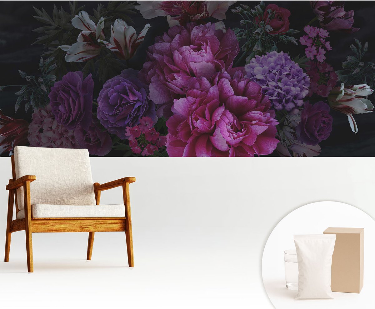 Wallfluent Fotobehang - Roze Vliesbehang - 250x104 cm - Bloemige Elegantie Fotobehang Vlies - Woonkamer behang Bloemen En Planten - Muurschildering - Hal behang