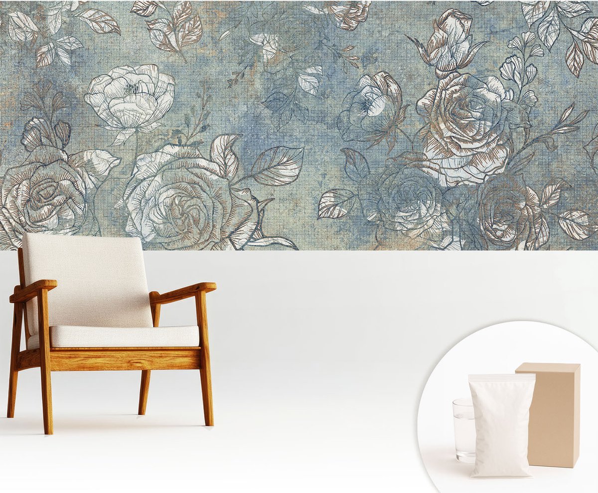 Wallfluent Fotobehang - Blauw Vliesbehang - 250x104 cm - Romantische Rozen Muurschildering - Slaapkamer behang Bloemen En Planten - Fotobehang Vlies - Slaapkamer behang