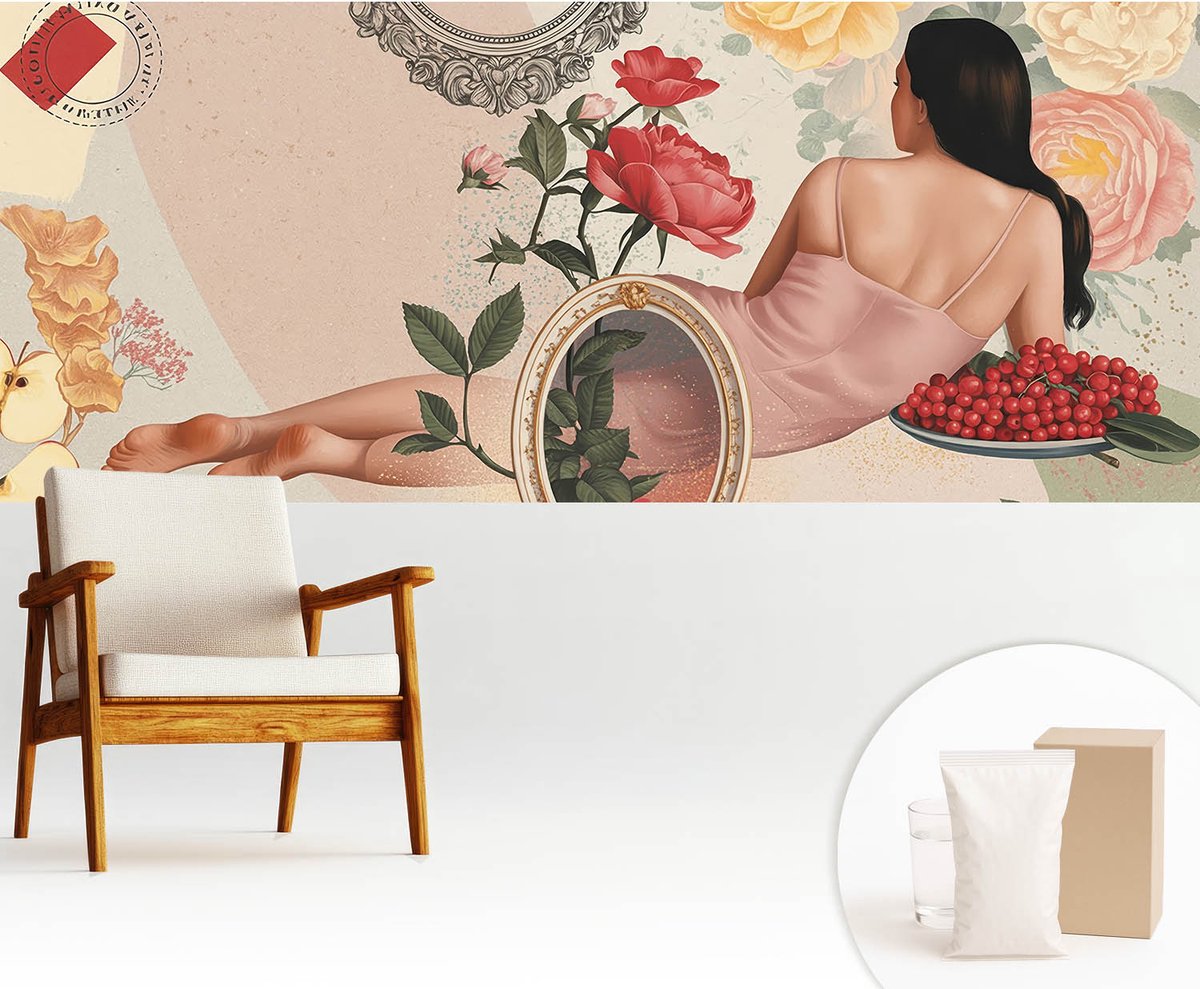 Wallfluent Fotobehang - Beige Vliesbehang - 250x104 cm - Bloemige Elegantie Fotobehang Vlies - Woonkamer behang Deel - Muurschildering - Hal behang