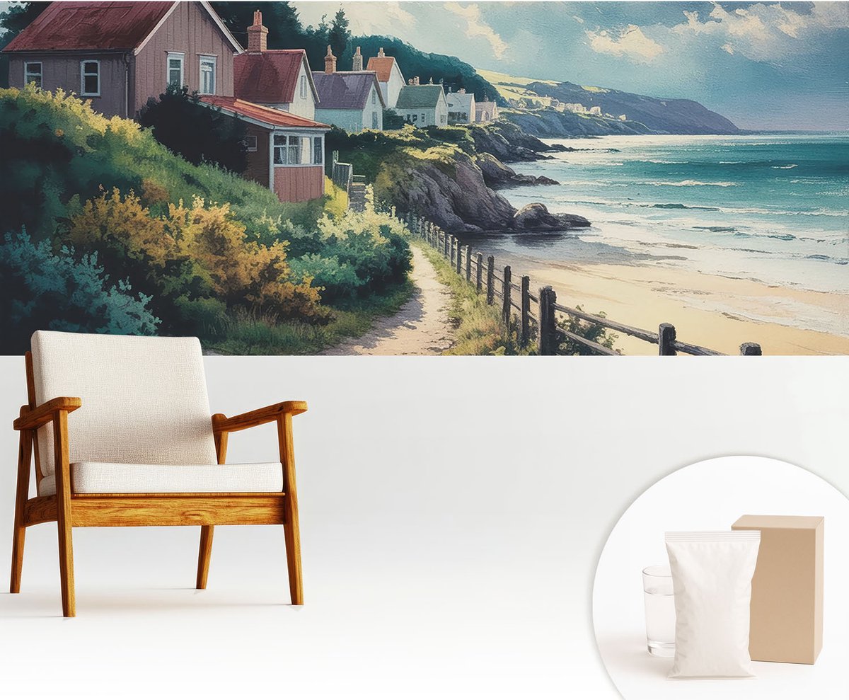 Wallfluent Fotobehang - Groente Vliesbehang - 250x104 cm - Klifhuizen Fotobehang Vlies - Woonkamer behang Landschappen - Muurschildering - Hal behang