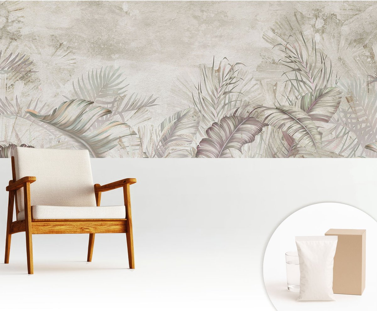 Wallfluent Fotobehang - Beige Vliesbehang - 250x104 cm - Decoratieve Bladeren Muurschildering - Gang behang Bloemen En Planten - Fotobehang Vlies - Slaapkamer behang