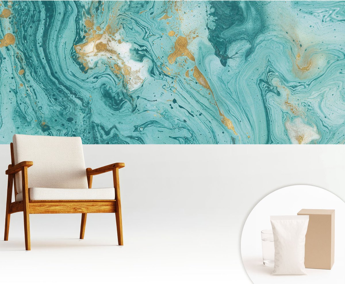 Wallfluent Fotobehang - Blauw Vliesbehang - 250x104 cm - Zeegolven Fotobehang Vlies - Woonkamer behang Abstractie - Muurschildering - Woonkamer behang