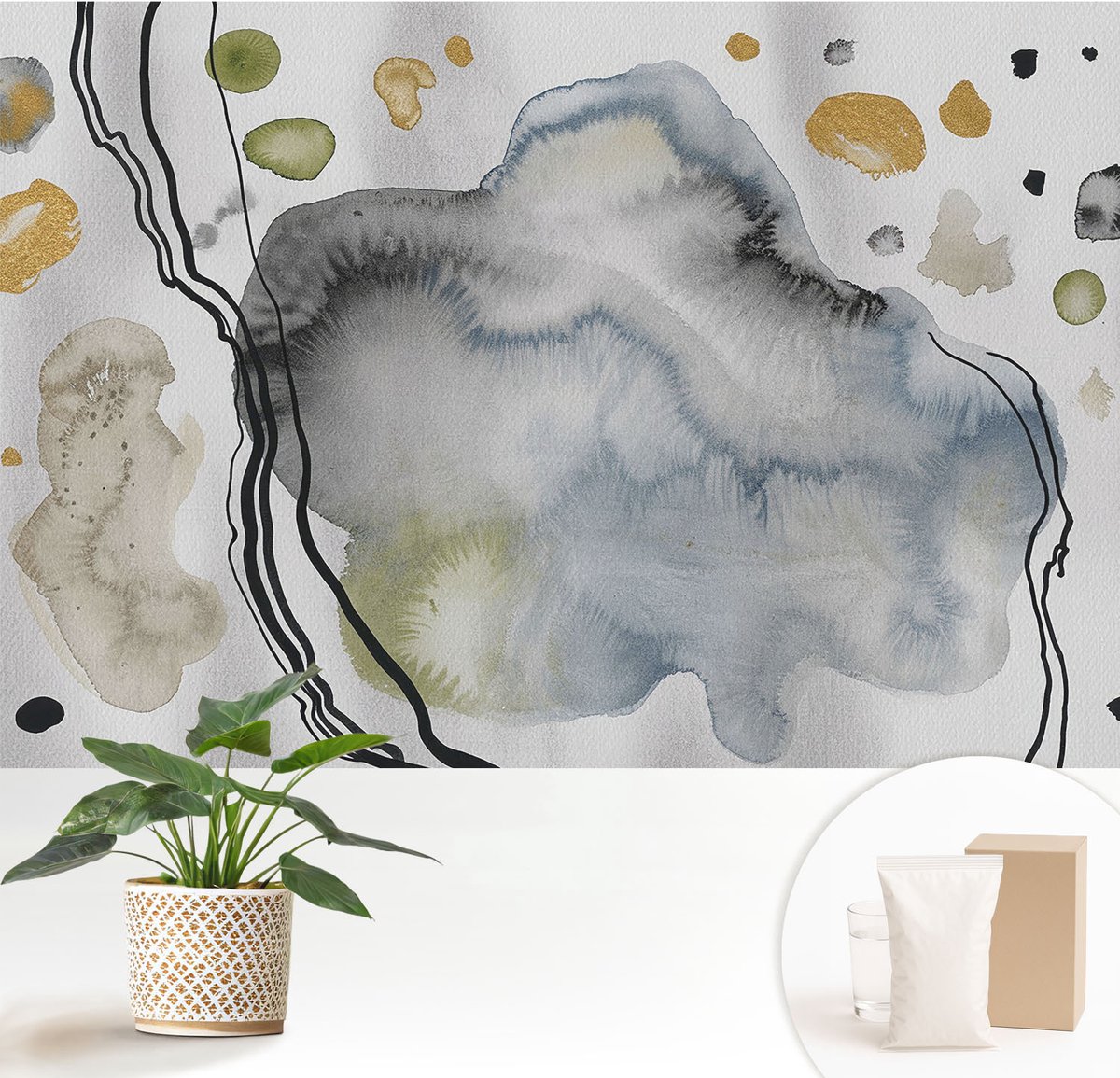 Wallfluent Fotobehang - Grijs Vliesbehang - 152x104 cm - Abstracte Aquarel Muurschildering - Gang behang Abstractie - Fotobehang Vlies - Slaapkamer behang