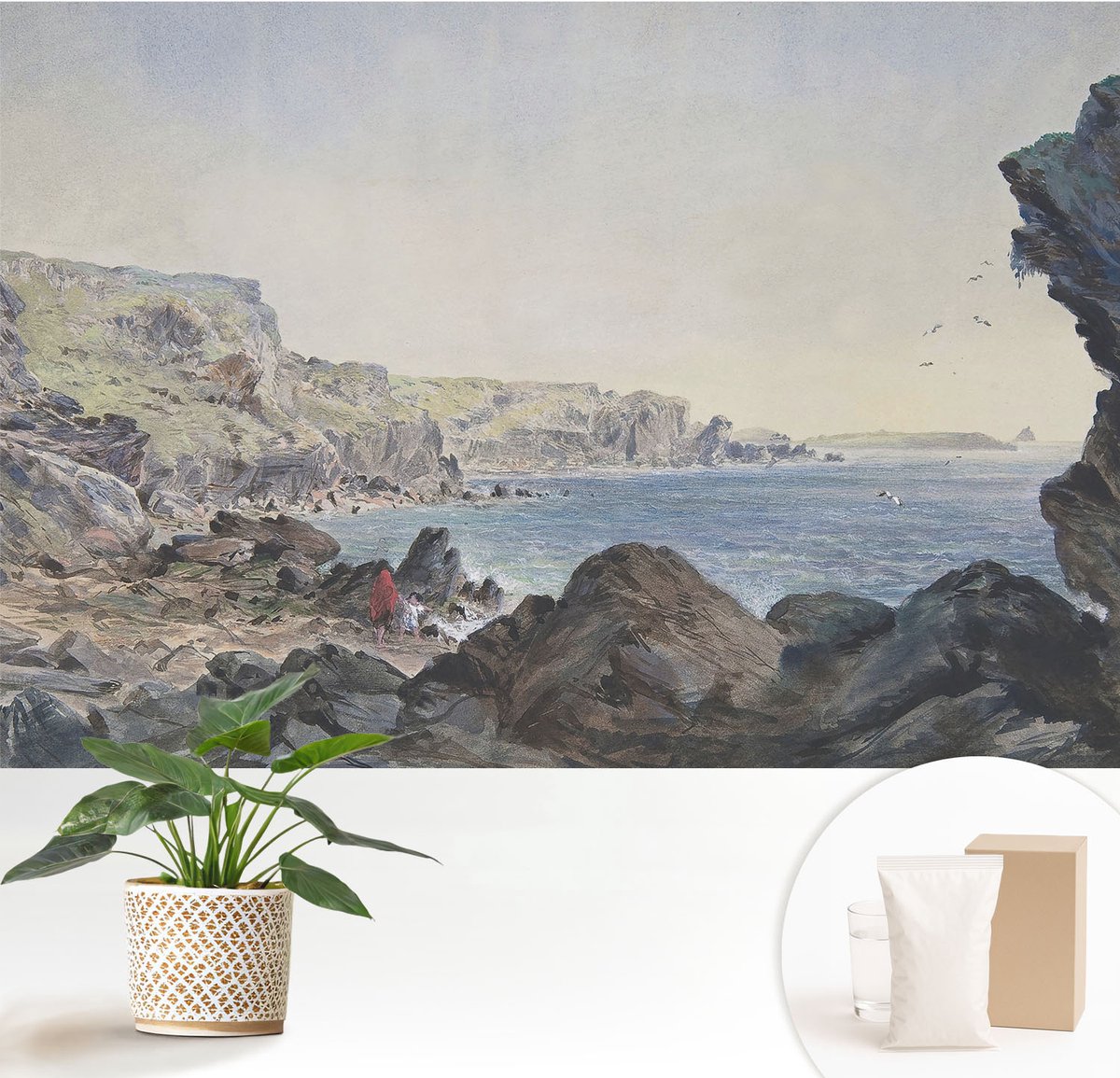 Wallfluent Fotobehang - Grijs Vliesbehang - 152x104 cm - Een Rustige Kust Fotobehang Vlies - Hal behang Landschappen - Muurschildering - Hal behang