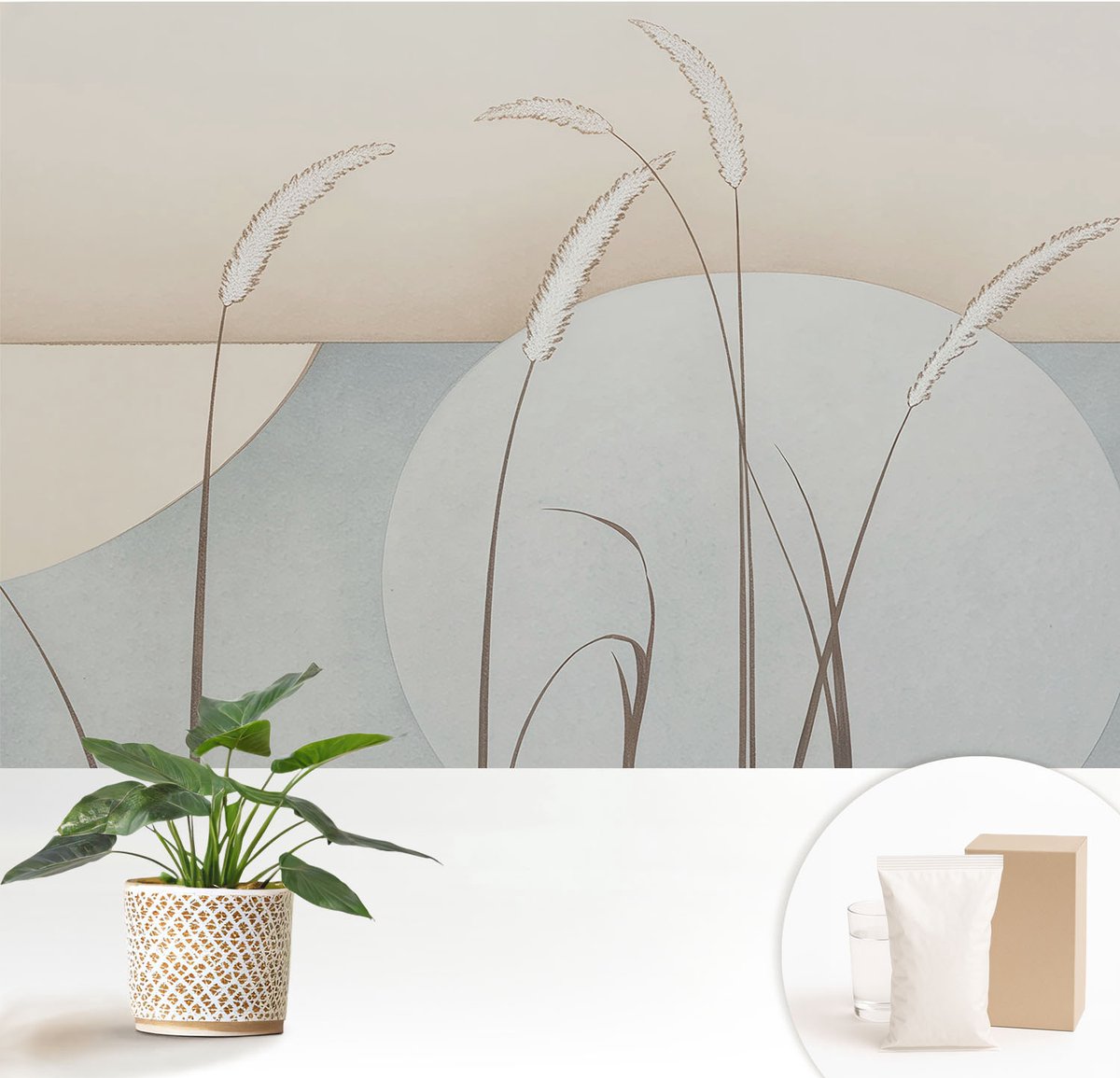 Wallfluent Fotobehang - Beige Vliesbehang - 152x104 cm - Zachte Grassen Fotobehang Vlies - Woonkamer behang Bloemen En Planten - Muurschildering - Hal behang