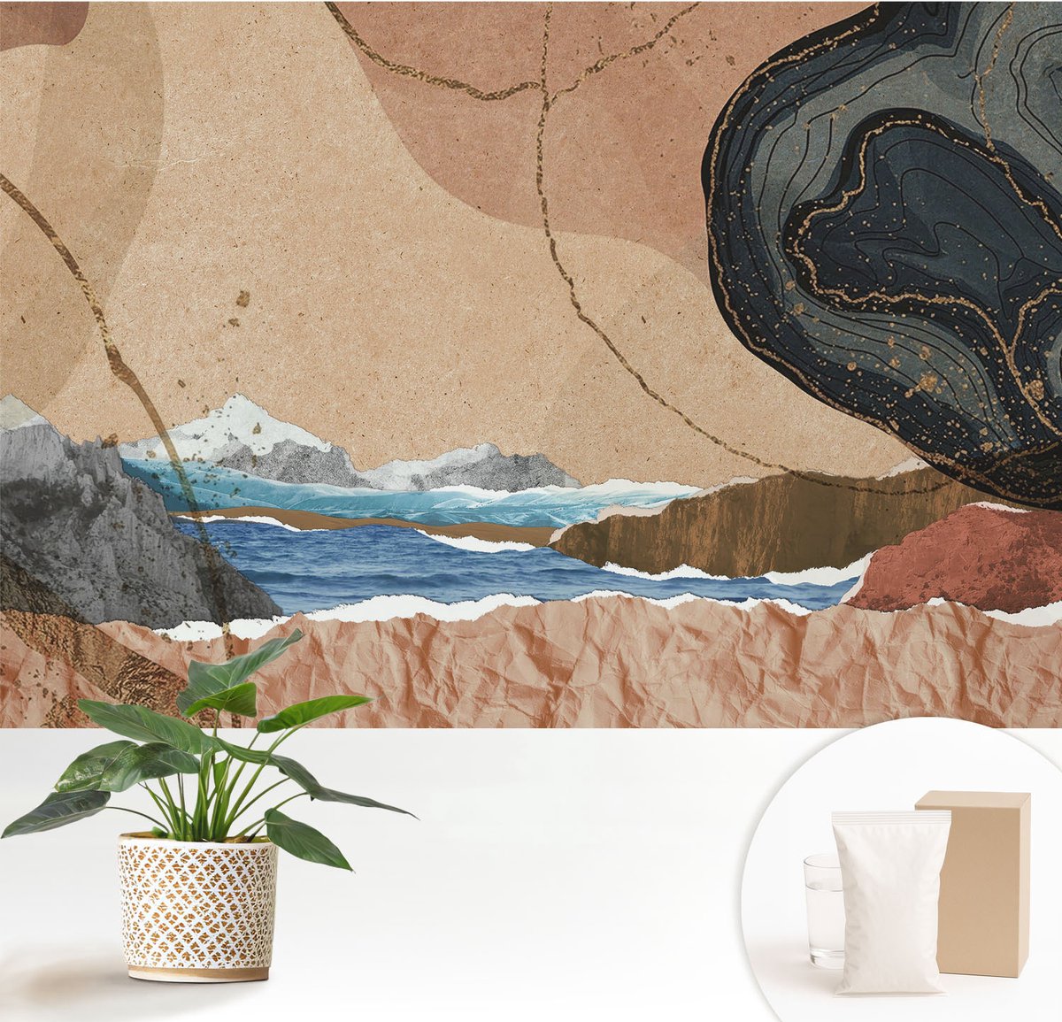 Wallfluent Fotobehang - Bruin Vliesbehang - 152x104 cm - Abstract Landschap Fotobehang Vlies - Hal behang Deel - Muurschildering - Hal behang