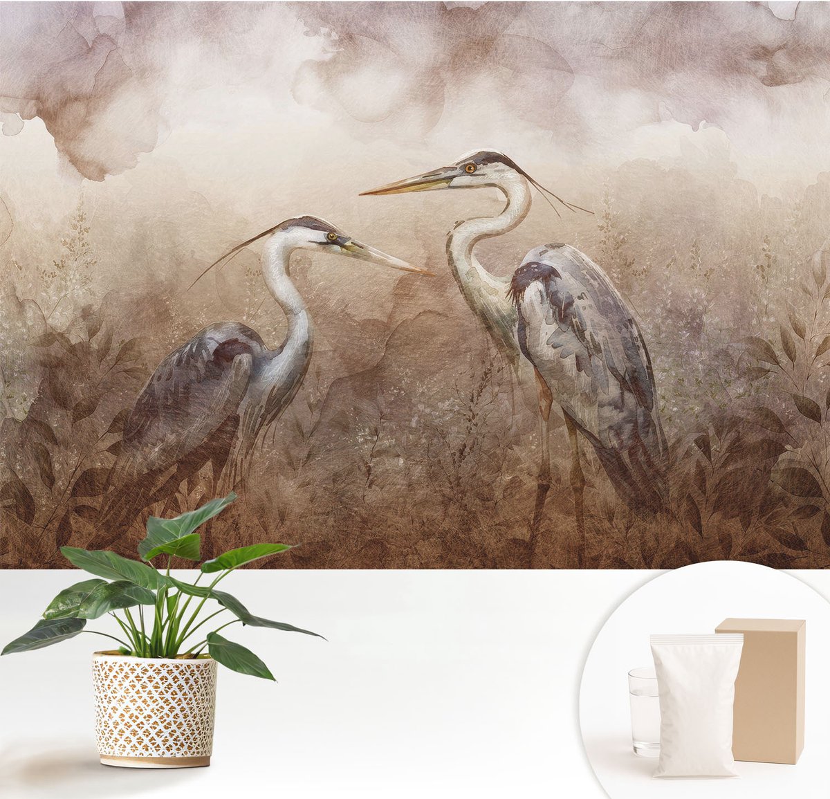 Wallfluent Fotobehang - Bruin Vliesbehang - 152x104 cm - Elegante Vogels Muurschildering - Slaapkamer behang Dieren - Fotobehang Vlies - Gang behang
