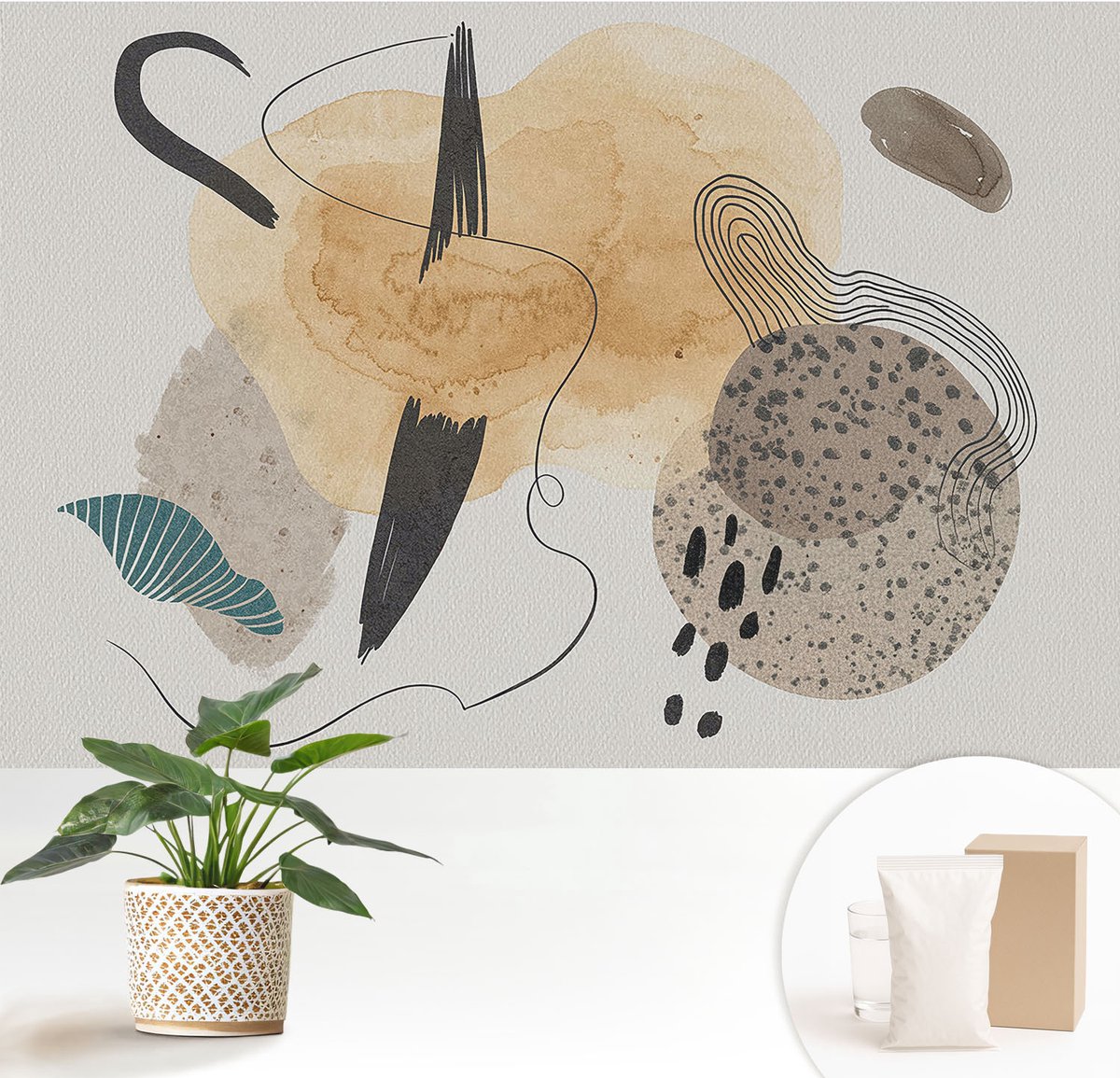 Wallfluent Fotobehang - Beige Vliesbehang - 152x104 cm - Abstracte Compositie Muurschildering - Slaapkamer behang Abstractie - Fotobehang Vlies - Gang behang
