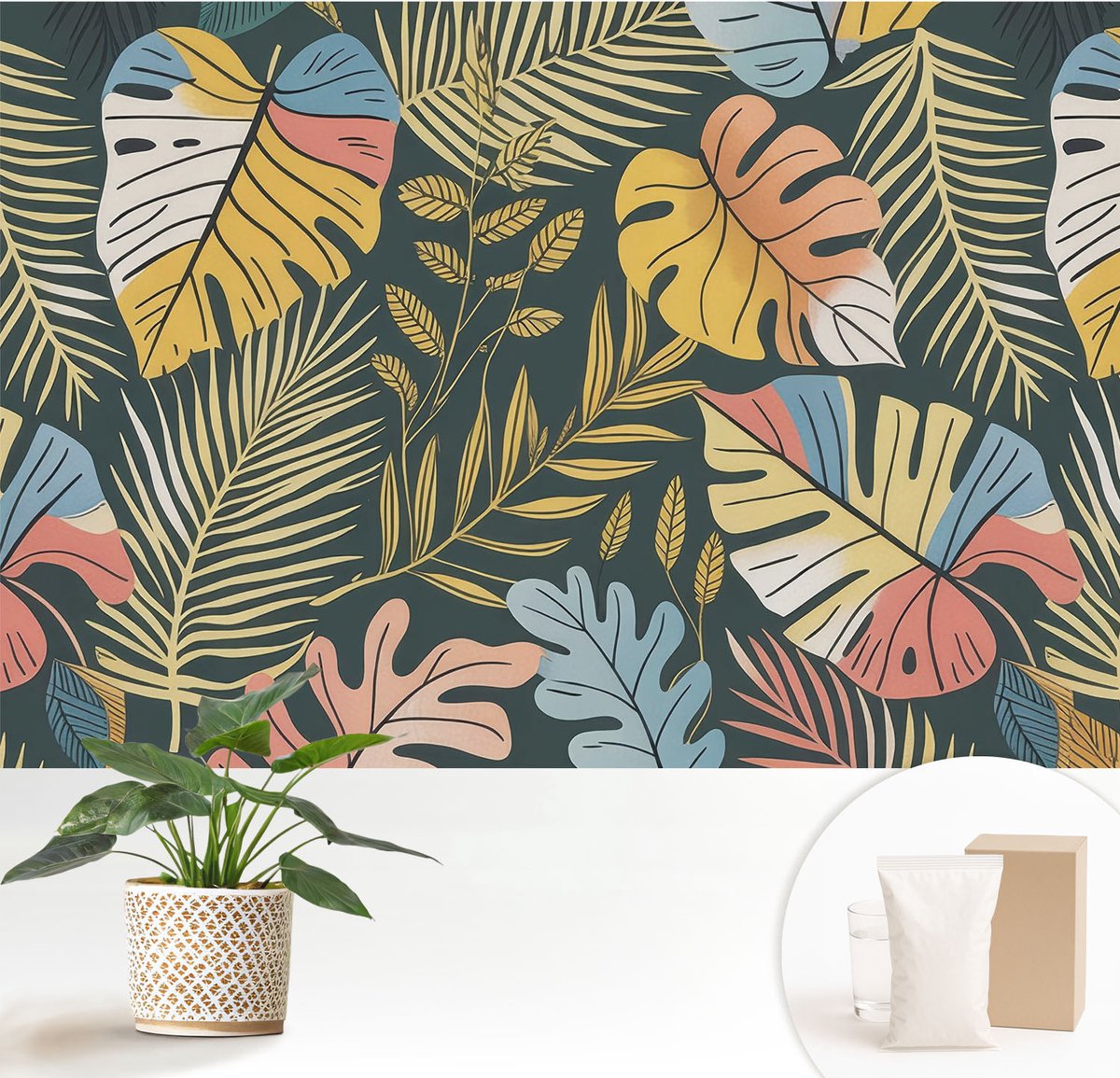 Wallfluent Fotobehang - Geel Vliesbehang - 152x104 cm - Tropische Energie Fotobehang Vlies - Hal behang Bloemen En Planten - Muurschildering - Woonkamer behang