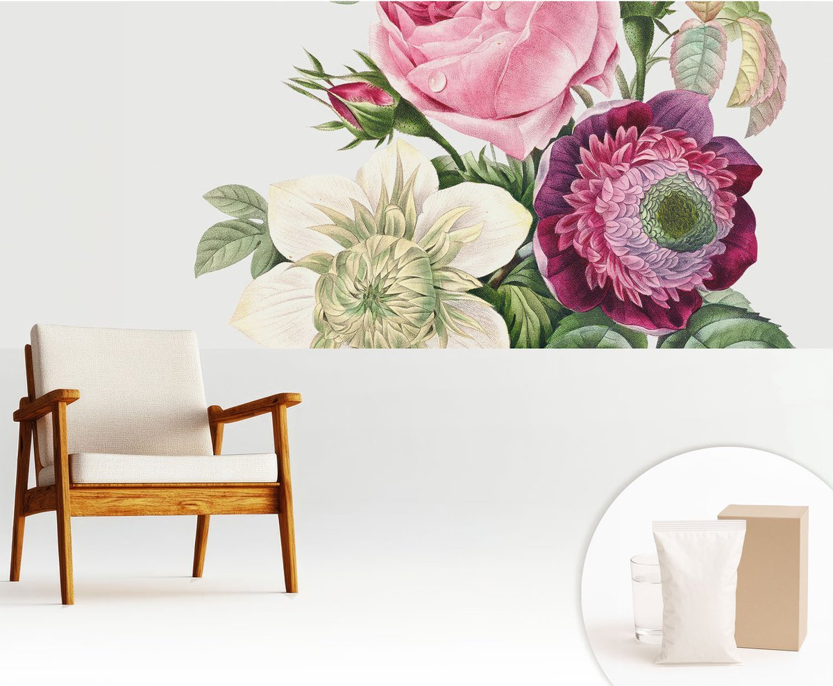 Wallfluent Fotobehang - Roze Vliesbehang - 250x104 cm - Bloemenboeket Muurschildering - Slaapkamer behang Bloemen En Planten - Fotobehang Vlies - Slaapkamer behang