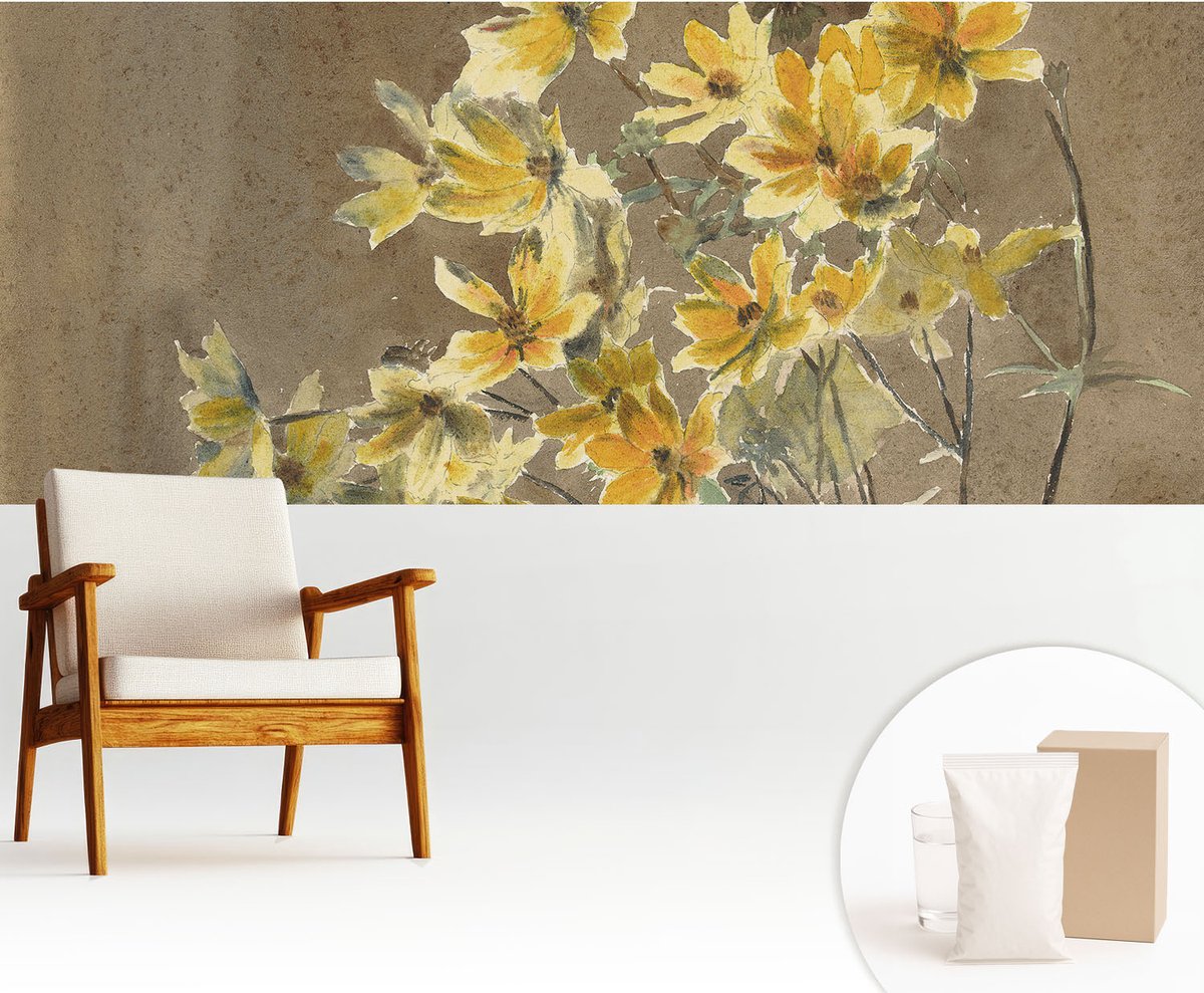 Wallfluent Fotobehang - Bruin Vliesbehang - 250x104 cm - Zonnig Boeket Muurschildering - Slaapkamer behang Bloemen En Planten - Fotobehang Vlies - Slaapkamer behang