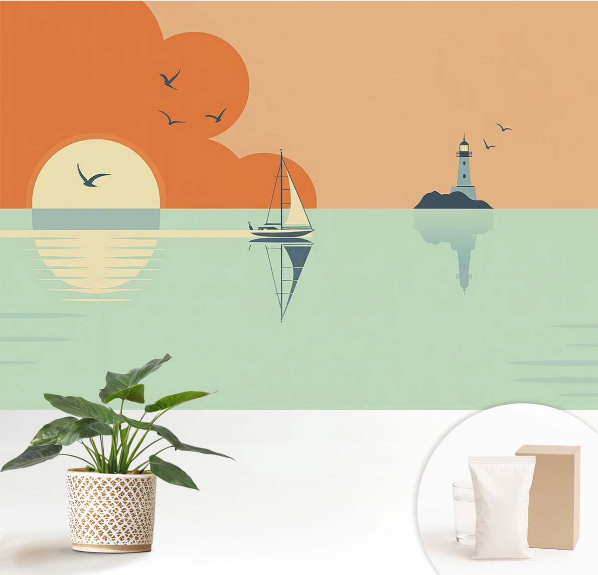 Wallfluent Fotobehang - Oranje Vliesbehang - 152x104 cm - Zeegenot Muurschildering - Gang behang Landschappen - Fotobehang Vlies - Slaapkamer behang