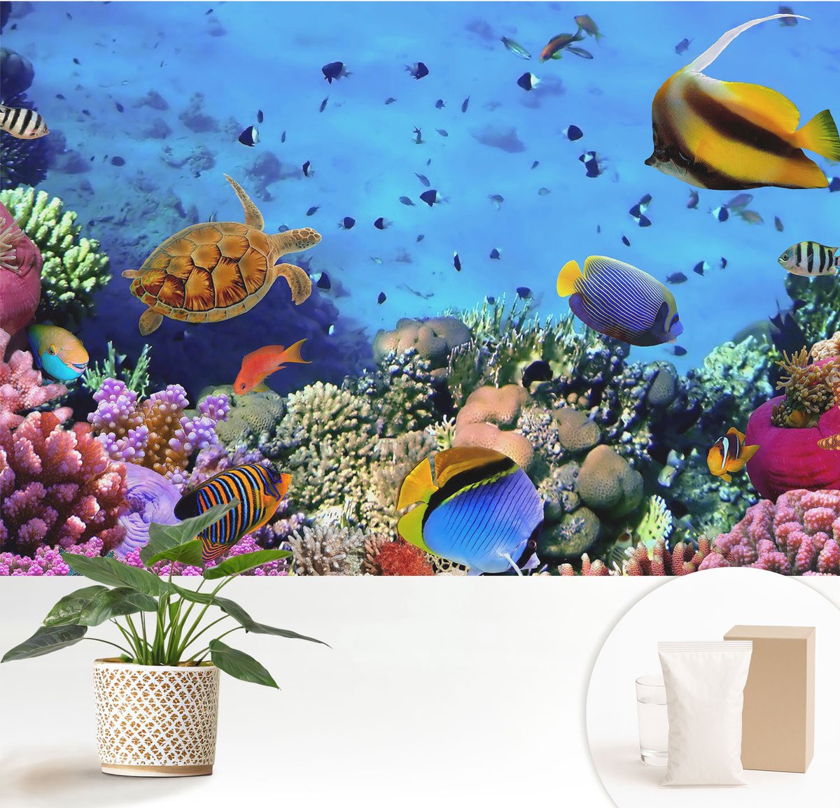 Wallfluent Fotobehang - Blauw Vliesbehang - 152x104 cm - Koraalrif Muurschildering - Slaapkamer behang Dieren - Fotobehang Vlies - Slaapkamer behang