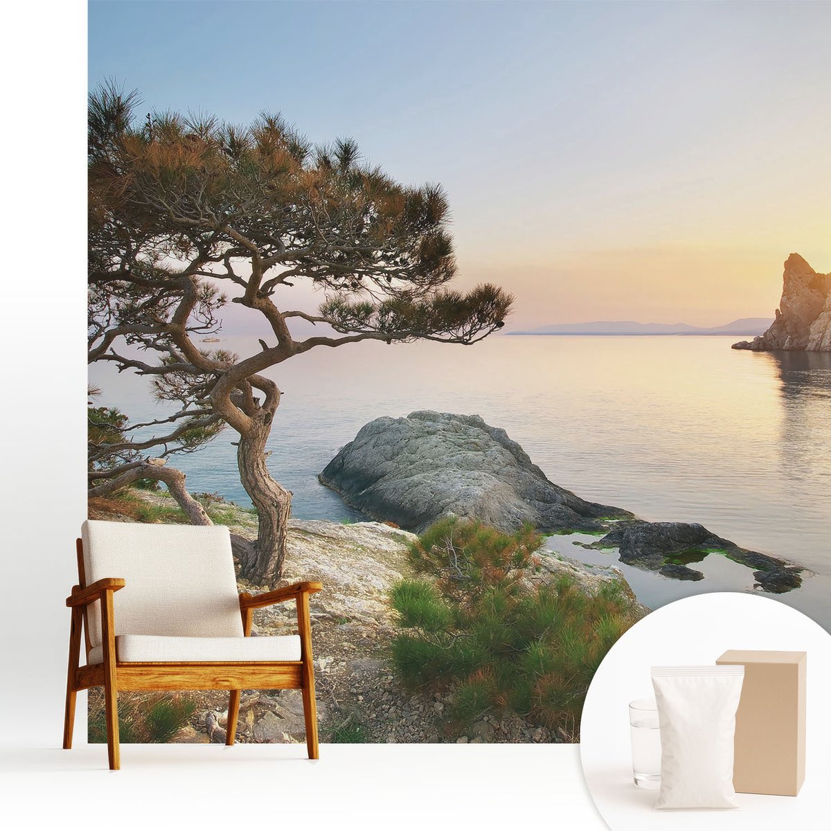 Wallfluent Fotobehang - Blauw Vliesbehang - 250x250 cm - Vredige Natuur Fotobehang Vlies - Woonkamer behang Landschappen - Muurschildering - Woonkamer behang
