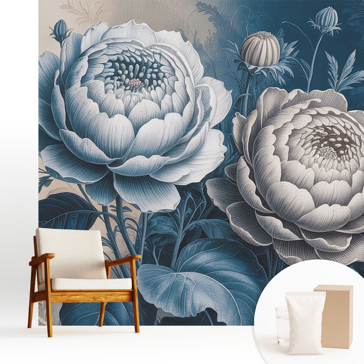 Wallfluent Fotobehang - Blauw Vliesbehang - 250x250 cm - Romantische Bloemen Fotobehang Vlies - Hal behang Bloemen En Planten - Muurschildering - Woonkamer behang