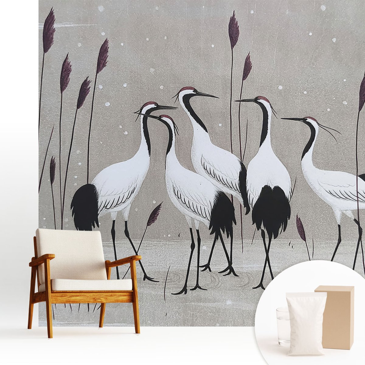 Wallfluent Fotobehang - Grijs Vliesbehang - 250x250 cm - Een Zwerm Kraanvogels Muurschildering - Gang behang Dieren - Fotobehang Vlies - Gang behang