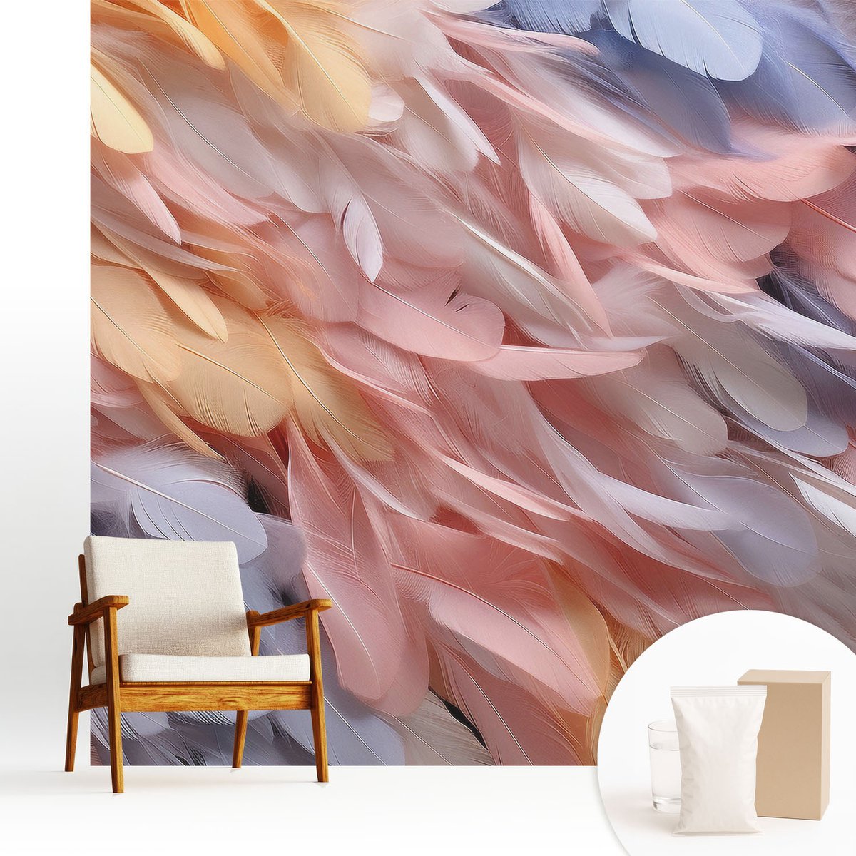 Wallfluent Fotobehang - Roze Vliesbehang - 250x250 cm - Pastelkleurige Veren Muurschildering - Slaapkamer behang Texturen - Fotobehang Vlies - Slaapkamer behang