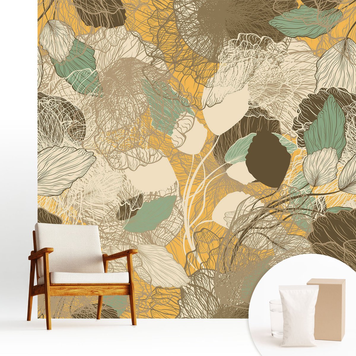Wallfluent Fotobehang - Geel Vliesbehang - 250x250 cm - Plantenschoonheid Fotobehang Vlies - Woonkamer behang Bloemen En Planten - Muurschildering - Woonkamer behang