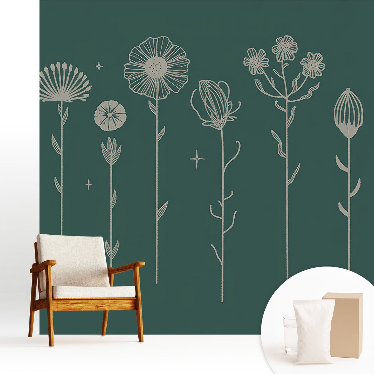 Wallfluent Fotobehang - Groente Vliesbehang - 250x250 cm - Subtiele Bloemen Muurschildering - Gang behang Bloemen En Planten - Fotobehang Vlies - Slaapkamer behang