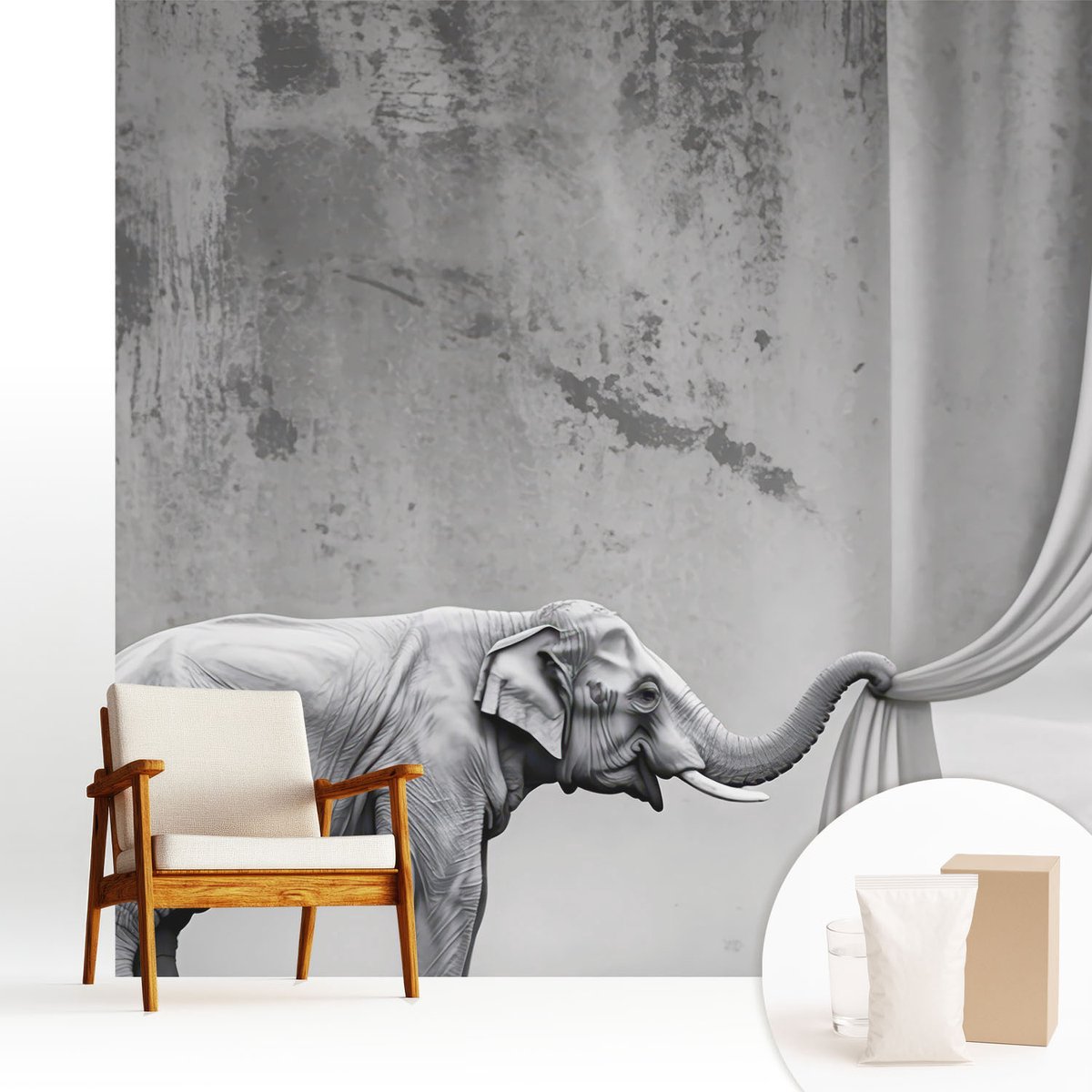 Wallfluent Fotobehang - Grijs Vliesbehang - 250x250 cm - Surrealistische Olifant Fotobehang Vlies - Woonkamer behang Deel - Muurschildering - Woonkamer behang