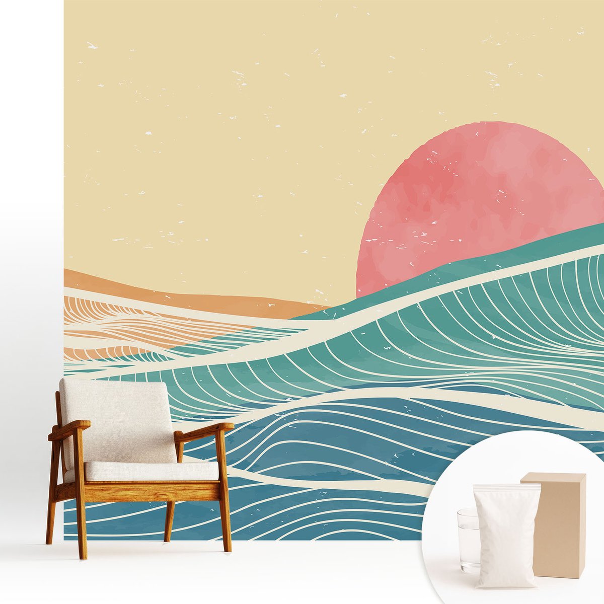Wallfluent Fotobehang - Beige Vliesbehang - 250x250 cm - Zeegolven Muurschildering - Slaapkamer behang Landschappen - Fotobehang Vlies - Slaapkamer behang