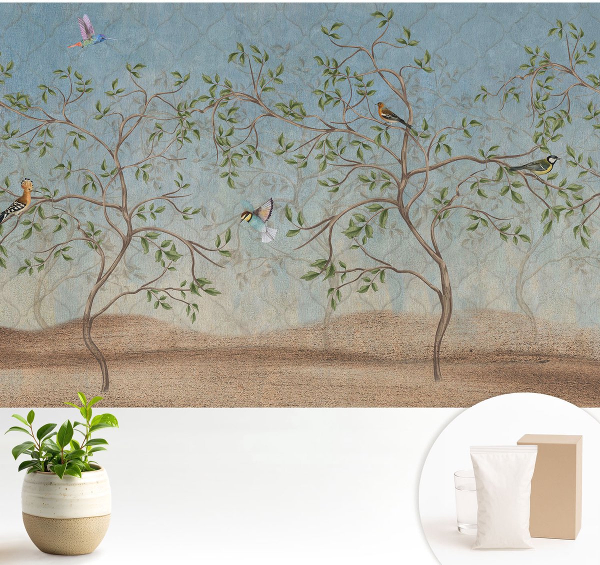 Wallfluent Fotobehang - Grijs Vliesbehang - 104x70 cm - Vogels In De Bomen Fotobehang Vlies - Hal behang Bloemen En Planten - Muurschildering - Woonkamer behang