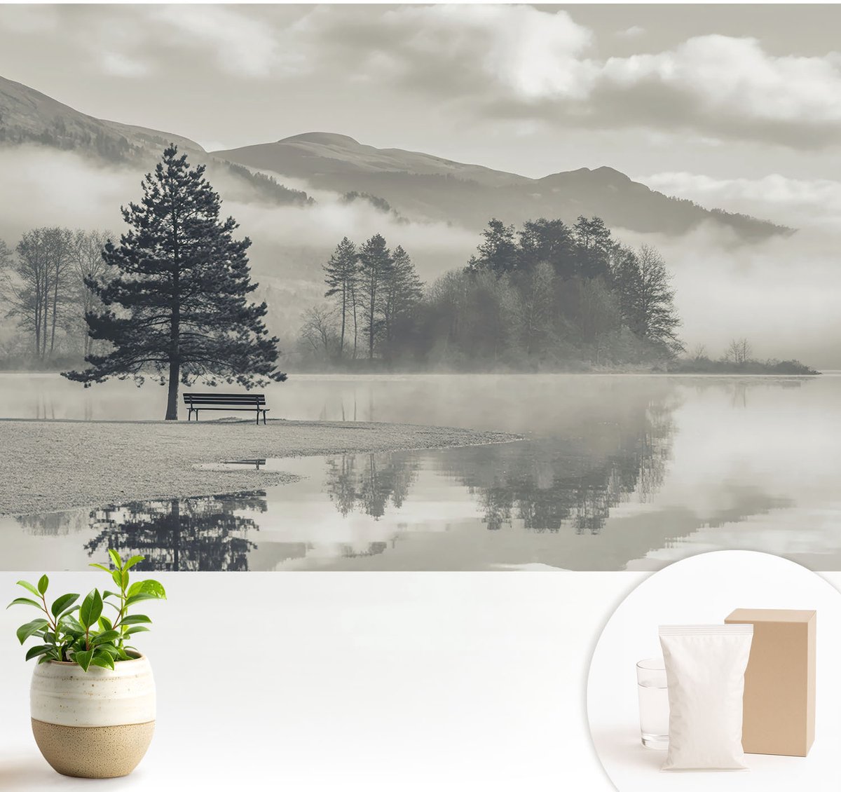 Wallfluent Fotobehang - Grijs Vliesbehang - 104x70 cm - Romantisch Landschap Muurschildering - Slaapkamer behang Landschappen - Fotobehang Vlies - Slaapkamer behang