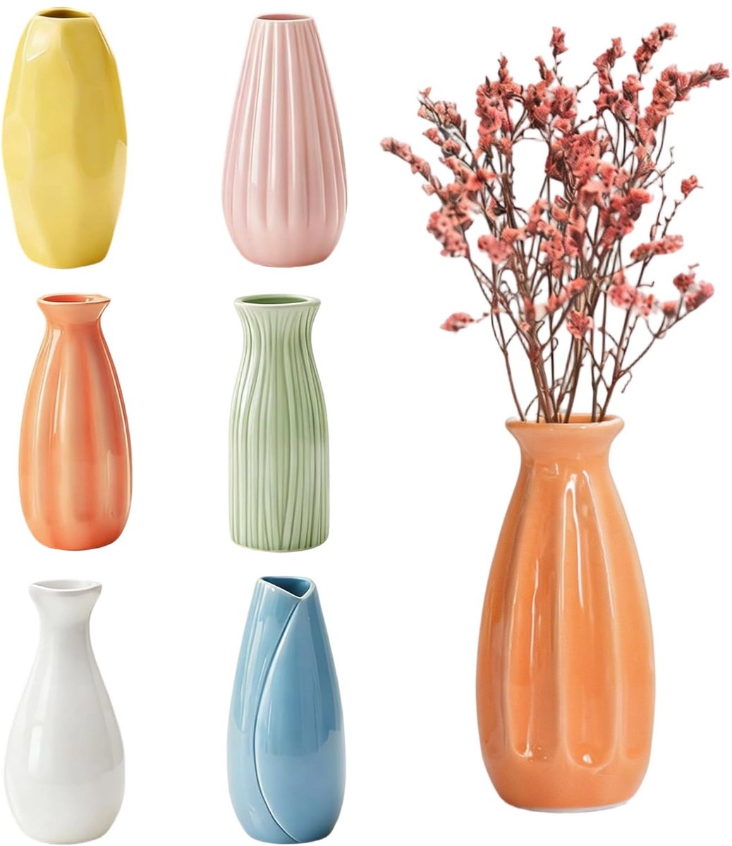 SnelShoppen - Set van 6 Keramische Vazen - Mini Vazen in 6 Kleuren en Vormen - Glanzend Glazuur - Boho Tafeldecoratie voor Gedroogde Bloemen en Pampas