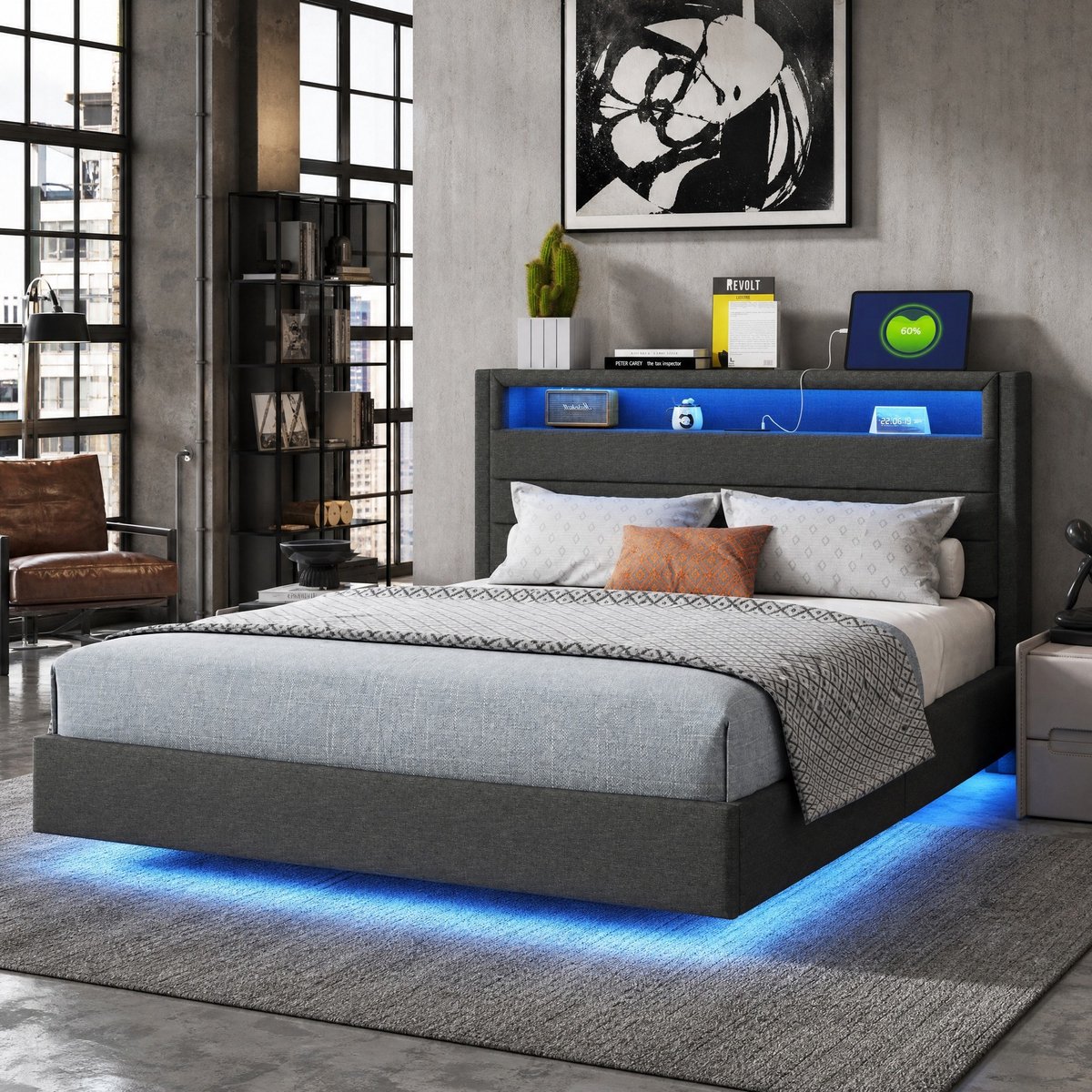 WUVRIE Gestoffeerd tweepersoonsbed 140x200 cm met USB, LED, opklapbaar hoofdbord en lattenbodem, grijs